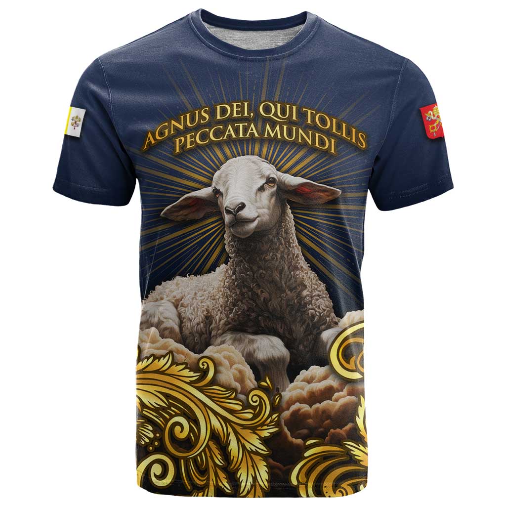 Agnus Dei Lamb of God T-Shirt Latin Catholic Art with Gold Baroque Accents Graphic Tee
