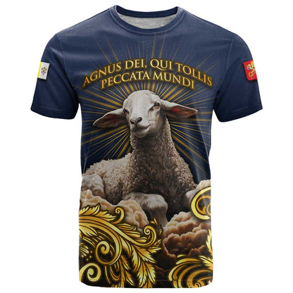 Agnus Dei Lamb of God T-Shirt Latin Catholic Art with Gold Baroque Accents Graphic Tee