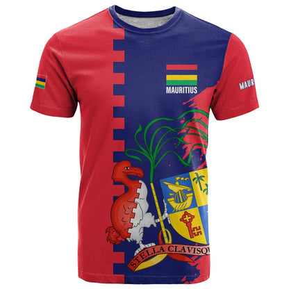 Mauritius T-Shirt National Emblem Integrated with Country's Shape Symbolic Design Graphic Tee