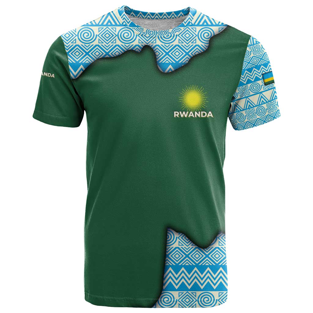Rwanda T-Shirt with Green Nature Map Waterfall Sunburst Spirit Graphic Tee
