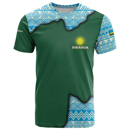 Rwanda T-Shirt with Green Nature Map Waterfall Sunburst Spirit Graphic Tee