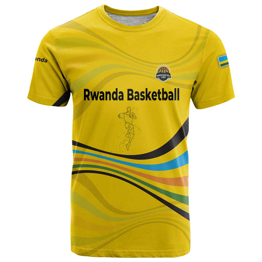 Rwanda T-Shirt with Basketball League Court Hoop Yellow Wave Spirit Graphic Tee