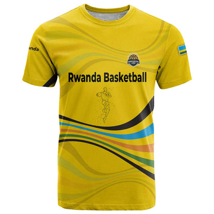 Rwanda T-Shirt with Basketball League Court Hoop Yellow Wave Spirit Graphic Tee
