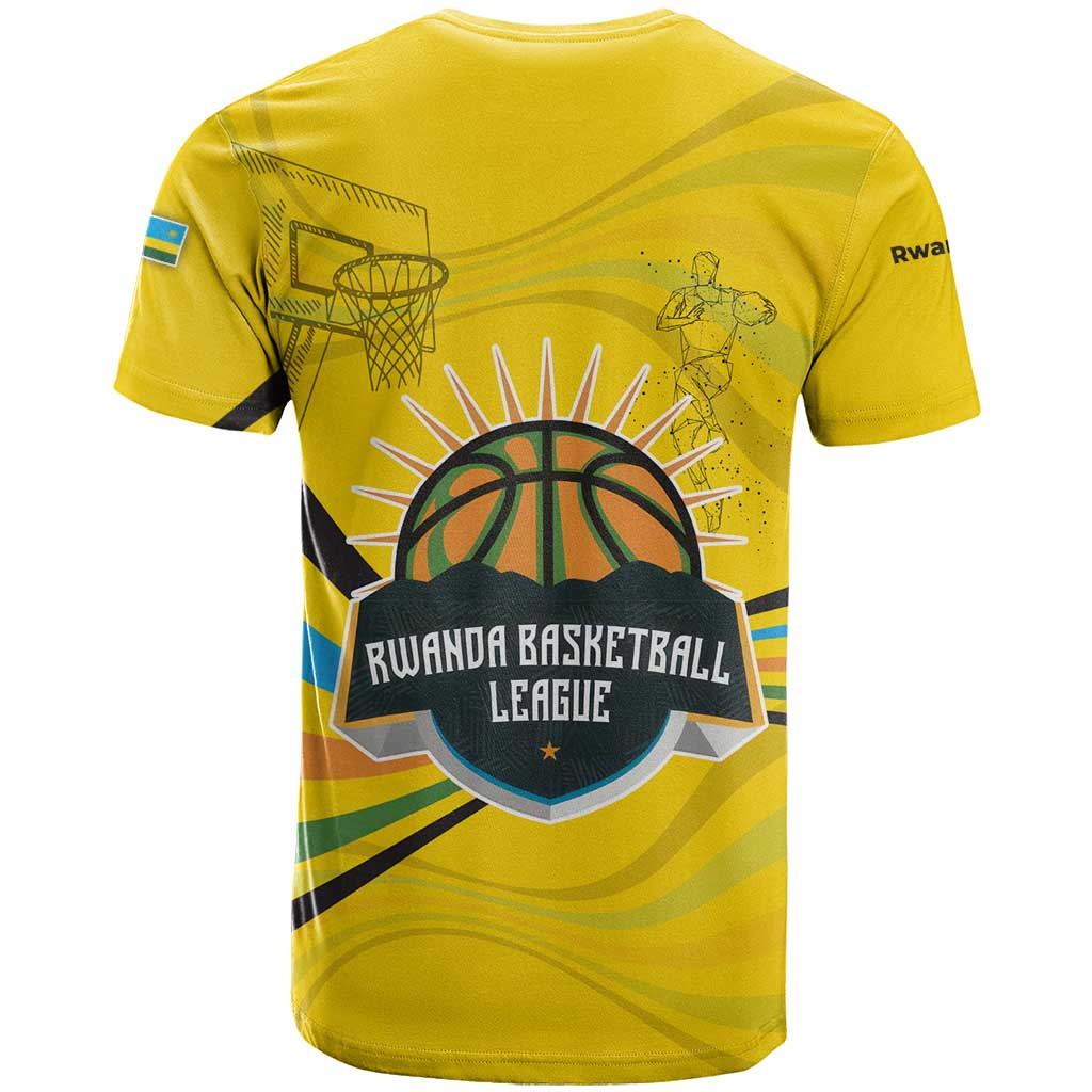 Rwanda T-Shirt with Basketball League Court Hoop Yellow Wave Spirit Graphic Tee