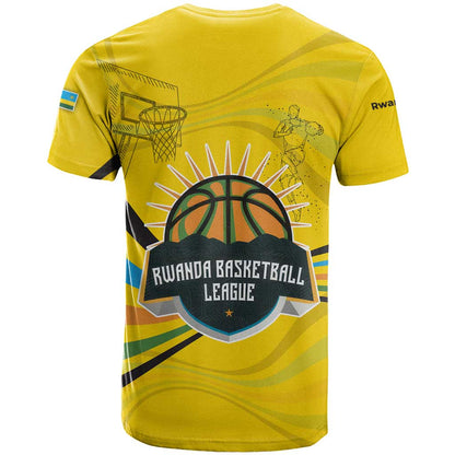 Rwanda T-Shirt with Basketball League Court Hoop Yellow Wave Spirit Graphic Tee