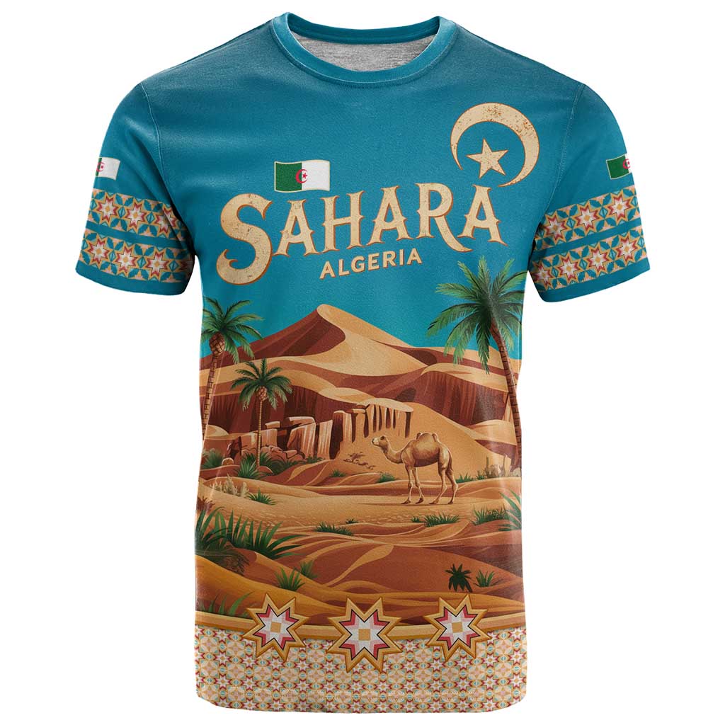 Sahara Algeria T-Shirt with Desert Camel Landscape and Islamic Motif Design Graphic Tee