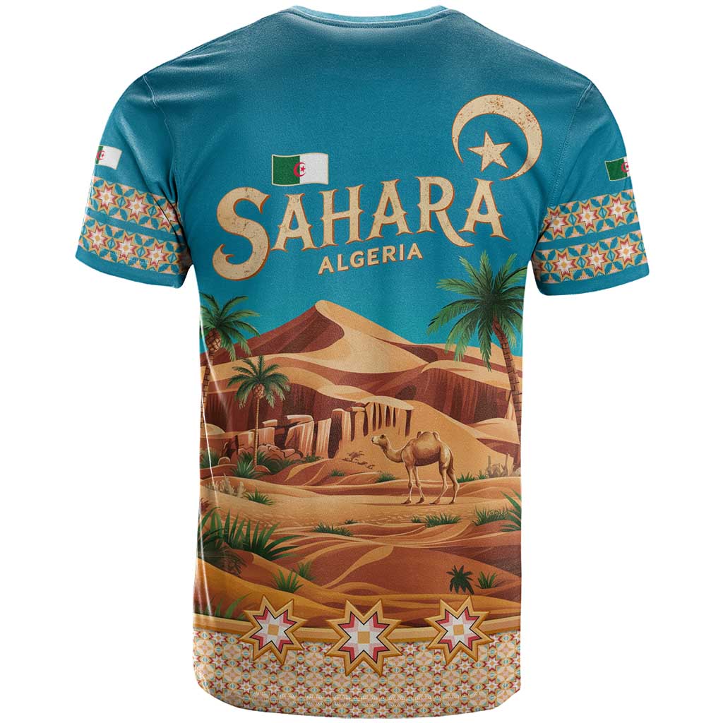 Sahara Algeria T-Shirt with Desert Camel Landscape and Islamic Motif Design Graphic Tee