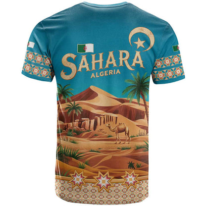 Sahara Algeria T-Shirt with Desert Camel Landscape and Islamic Motif Design Graphic Tee