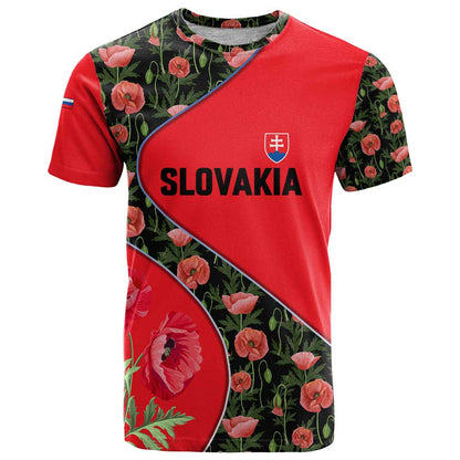 Slovakia Coat of Arms T-Shirt with Red Poppy Flowers and Bold Flag Colors Design Graphic Tee