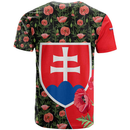 Slovakia Coat of Arms T-Shirt with Red Poppy Flowers and Bold Flag Colors Design Graphic Tee