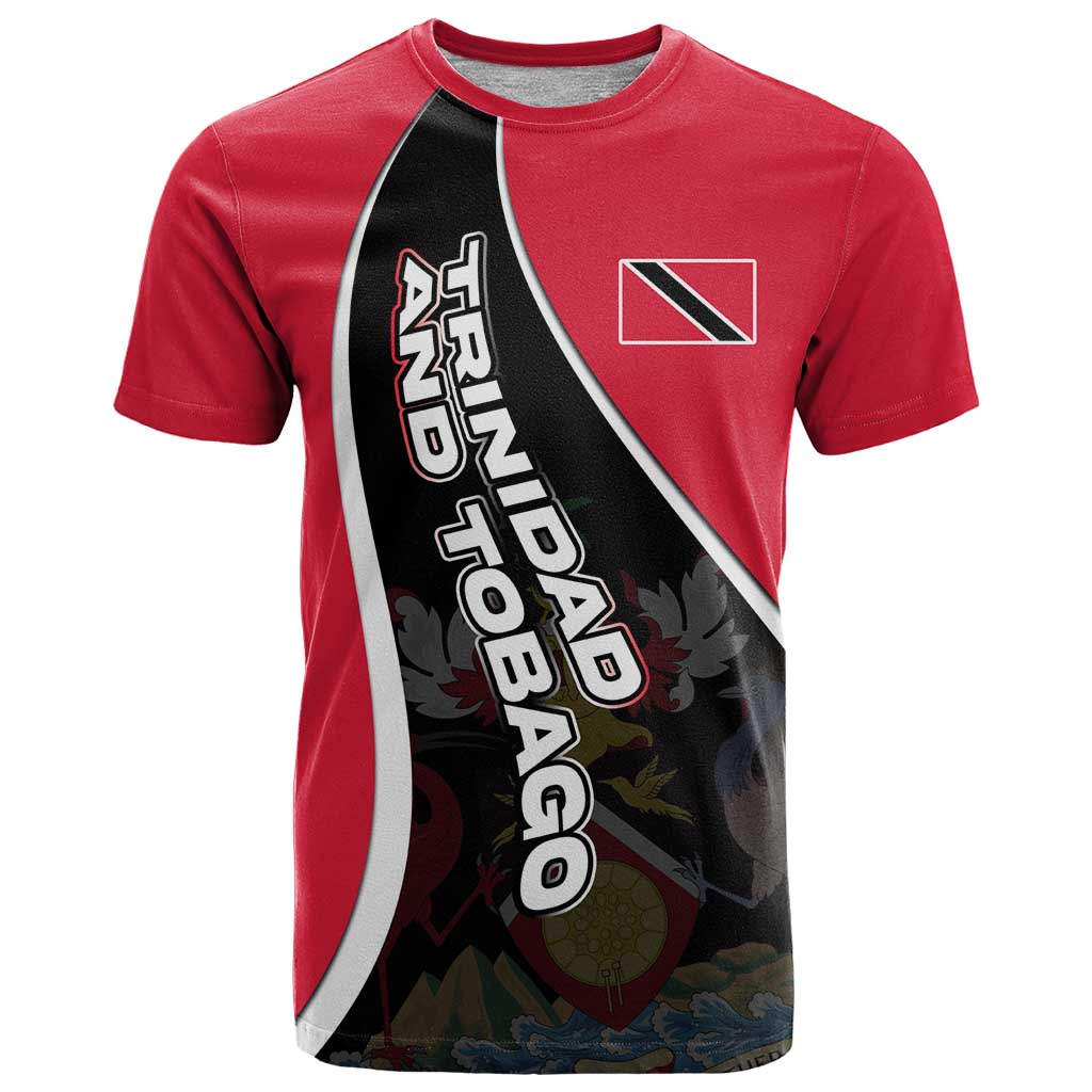 Trinidad and Tobago Flag Crest Design T-Shirt with Bold Red Black Diagonal Layout Graphic Tee