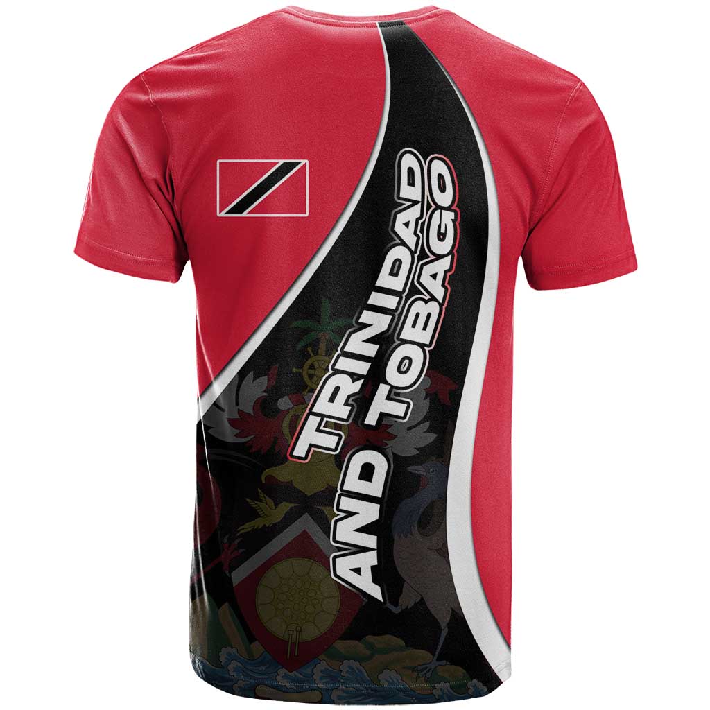 Trinidad and Tobago Flag Crest Design T-Shirt with Bold Red Black Diagonal Layout Graphic Tee