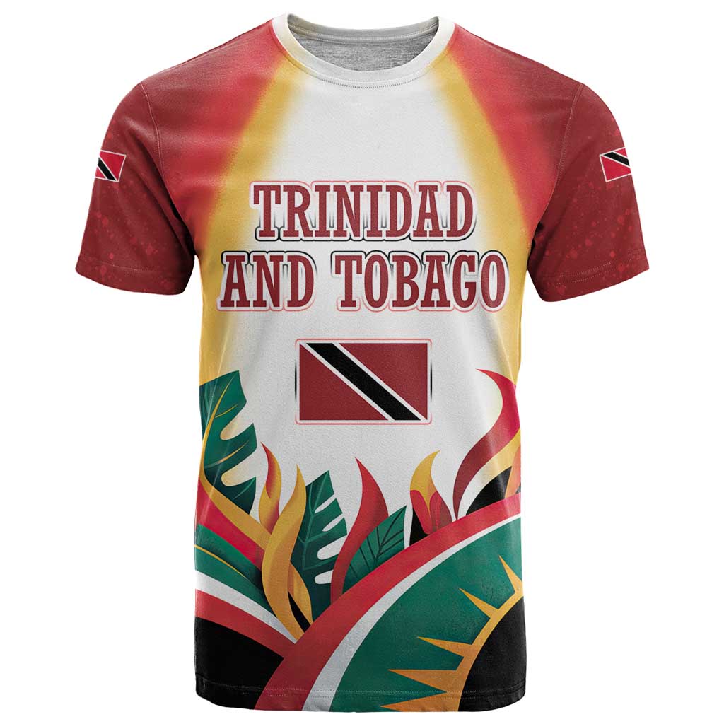 Trinidad and Tobago Scarlet Ibis T-Shirt with Tropical Leaves and National Flag Design Graphic Tee