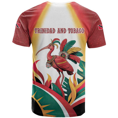 Trinidad and Tobago Scarlet Ibis T-Shirt with Tropical Leaves and National Flag Design Graphic Tee