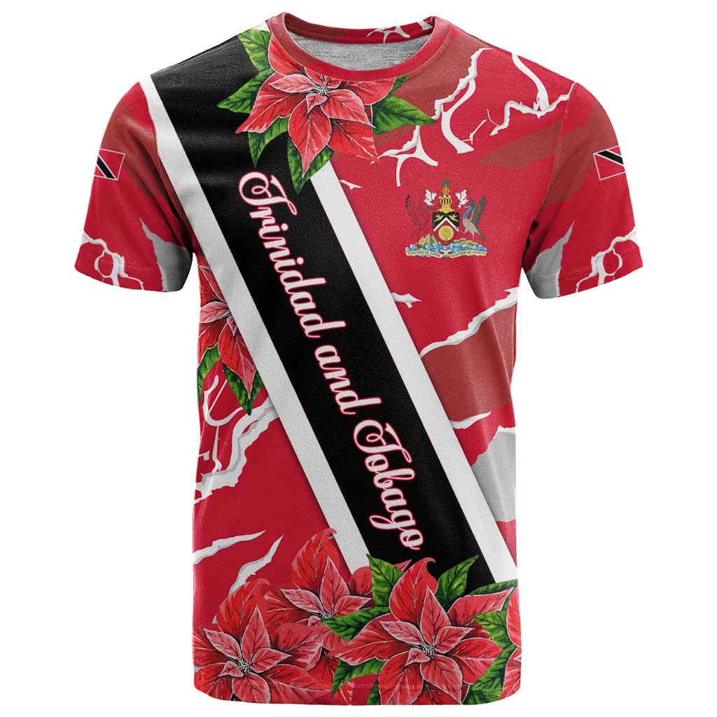 Trinidad and Tobago Red Poinsettia T-Shirt with National Crest and Diagonal Flag Sash Design Graphic Tee