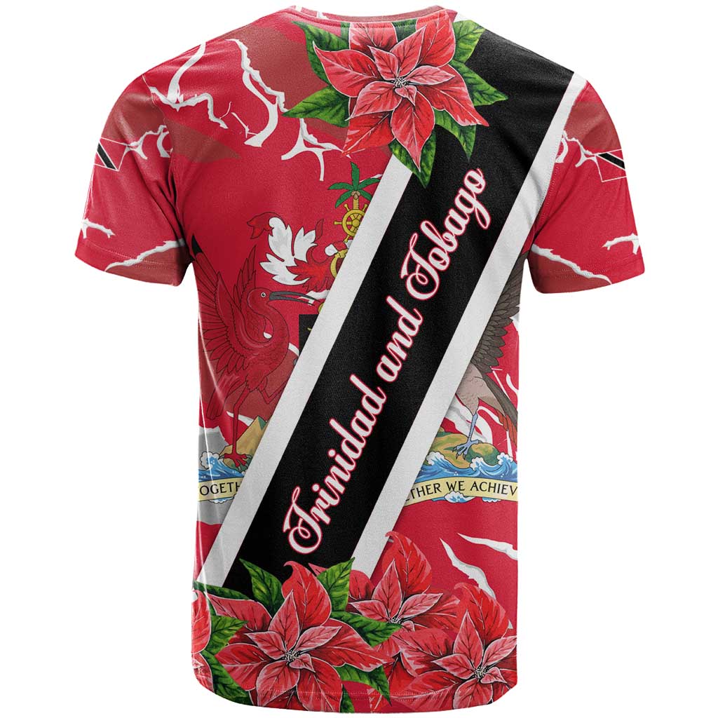 Trinidad and Tobago Red Poinsettia T-Shirt with National Crest and Diagonal Flag Sash Design Graphic Tee