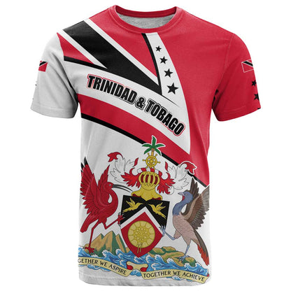 Trinidad and Tobago National Map T-Shirt with Scarlet Ibis and Coat of Arms on Red White Star Theme Graphic Tee