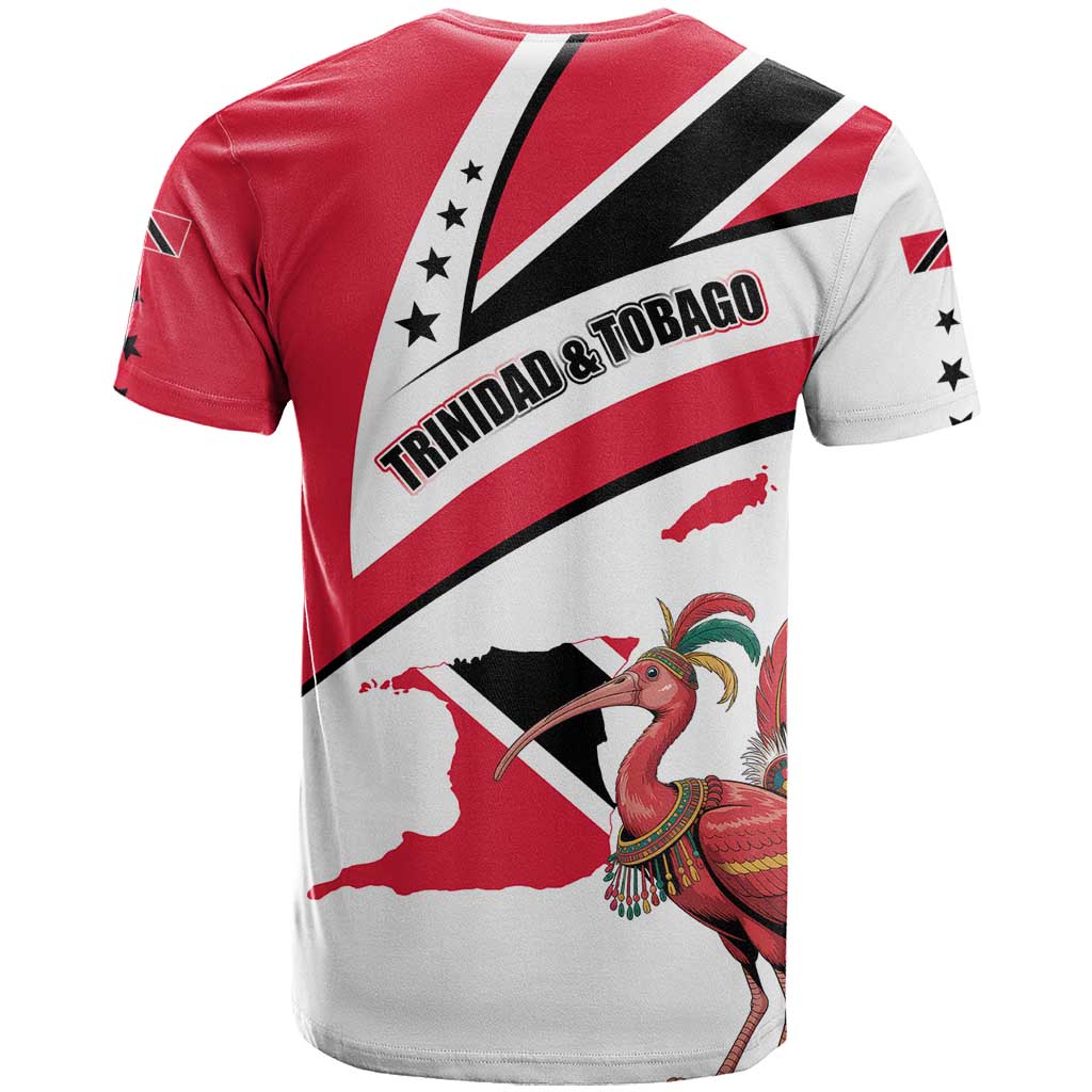 Trinidad and Tobago National Map T-Shirt with Scarlet Ibis and Coat of Arms on Red White Star Theme Graphic Tee