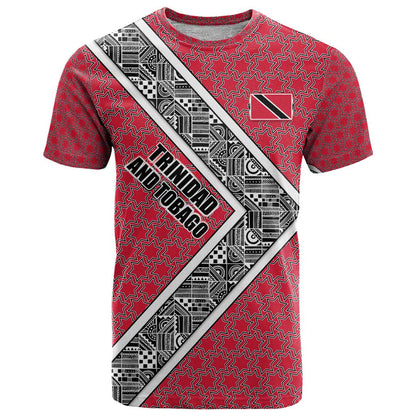 Trinidad and Tobago Flamingos Sunset T-Shirt with Tribal Masks and Red Star Pattern Graphic Tee