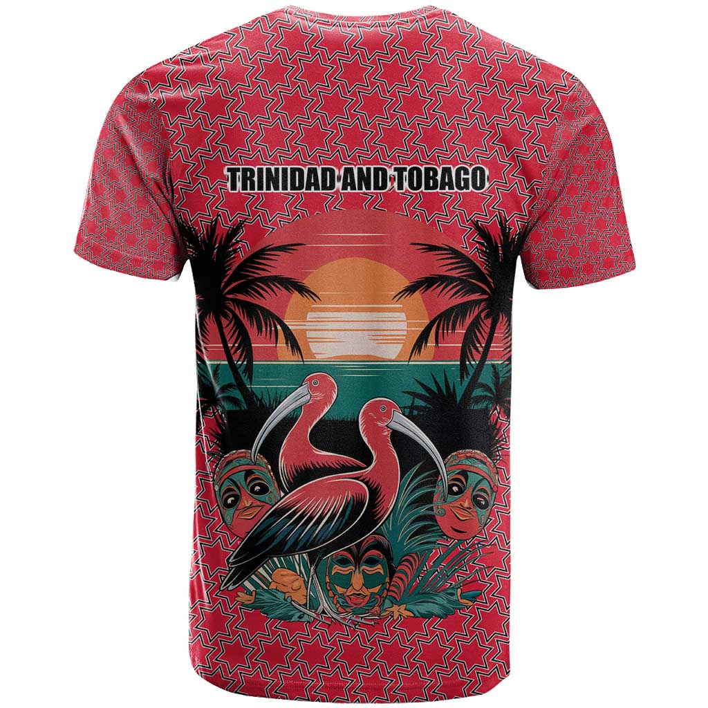 Trinidad and Tobago Flamingos Sunset T-Shirt with Tribal Masks and Red Star Pattern Graphic Tee