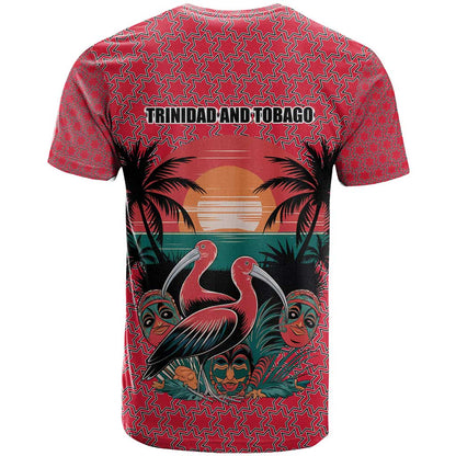 Trinidad and Tobago Flamingos Sunset T-Shirt with Tribal Masks and Red Star Pattern Graphic Tee