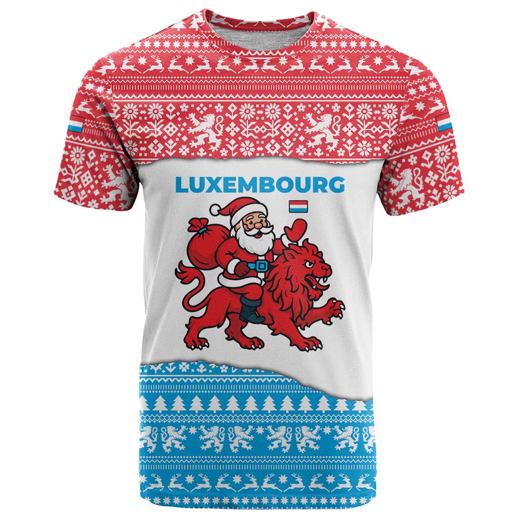 Luxembourg Christmas T-Shirt with Santa Claus Red Lion Snowflake Pattern and National Flag Design Graphic Tee