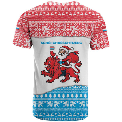 Luxembourg Christmas T-Shirt with Santa Claus Red Lion Snowflake Pattern and National Flag Design Graphic Tee