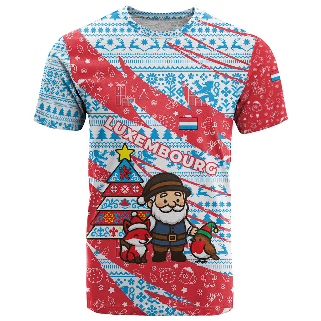 Luxembourg Christmas T-Shirt with Santa Claus Fox Reindeer Tree and Red Blue Pattern Design Graphic Tee