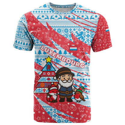 Luxembourg Christmas T-Shirt with Santa Claus Fox Reindeer Tree and Red Blue Pattern Design Graphic Tee