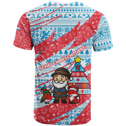 Luxembourg Christmas T-Shirt with Santa Claus Fox Reindeer Tree and Red Blue Pattern Design Graphic Tee