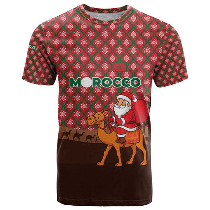 Morocco Christmas T-Shirt with Santa Claus Camel Caravan Desert Scene and Red Pattern Design Graphic Tee