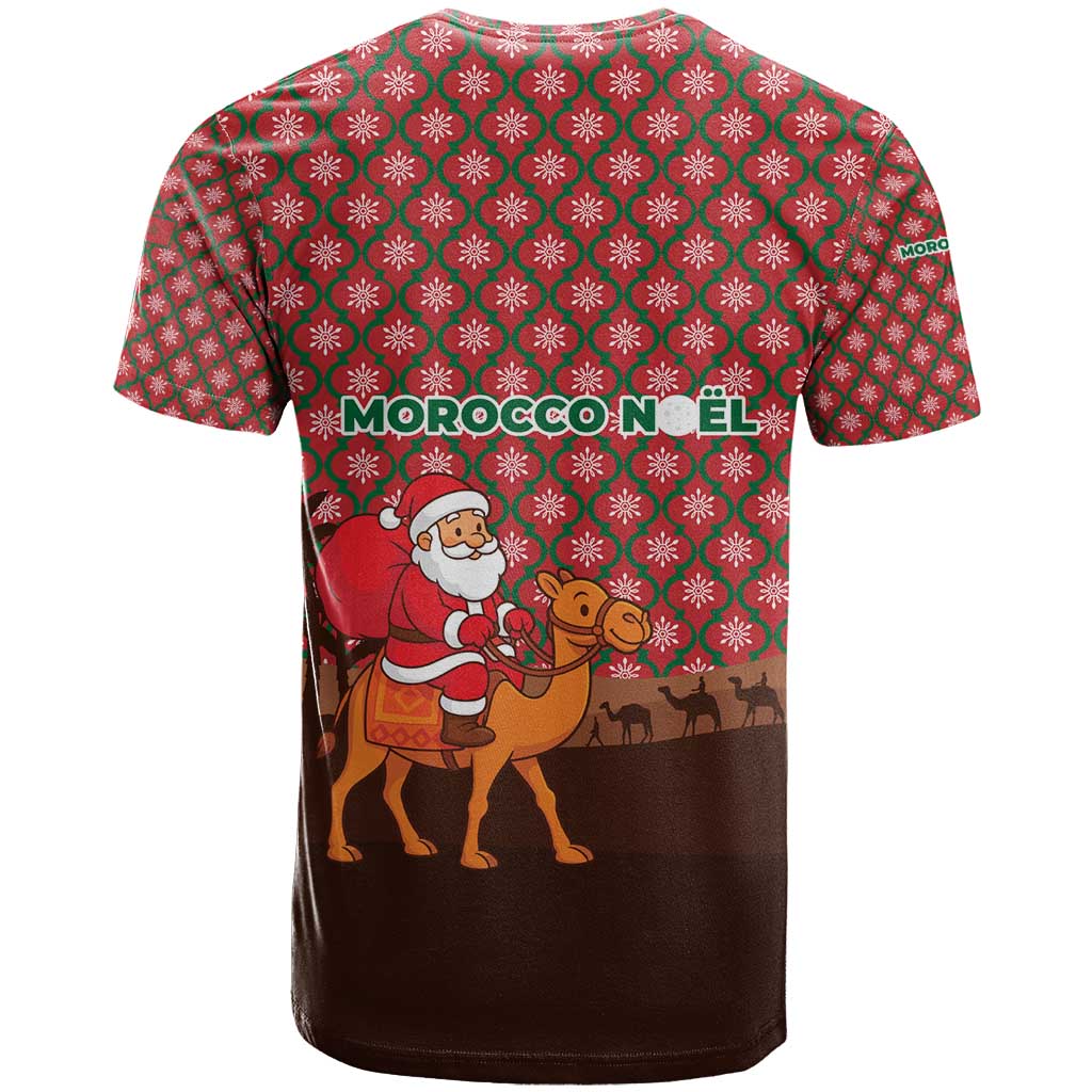 Morocco Christmas T-Shirt with Santa Claus Camel Caravan Desert Scene and Red Pattern Design Graphic Tee