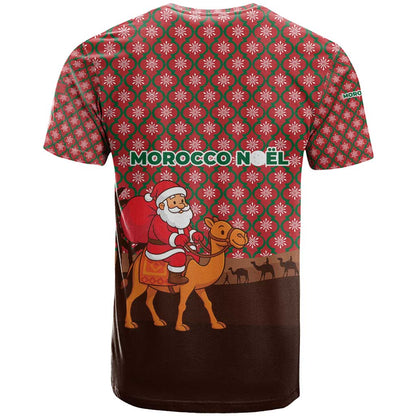 Morocco Christmas T-Shirt with Santa Claus Camel Caravan Desert Scene and Red Pattern Design Graphic Tee