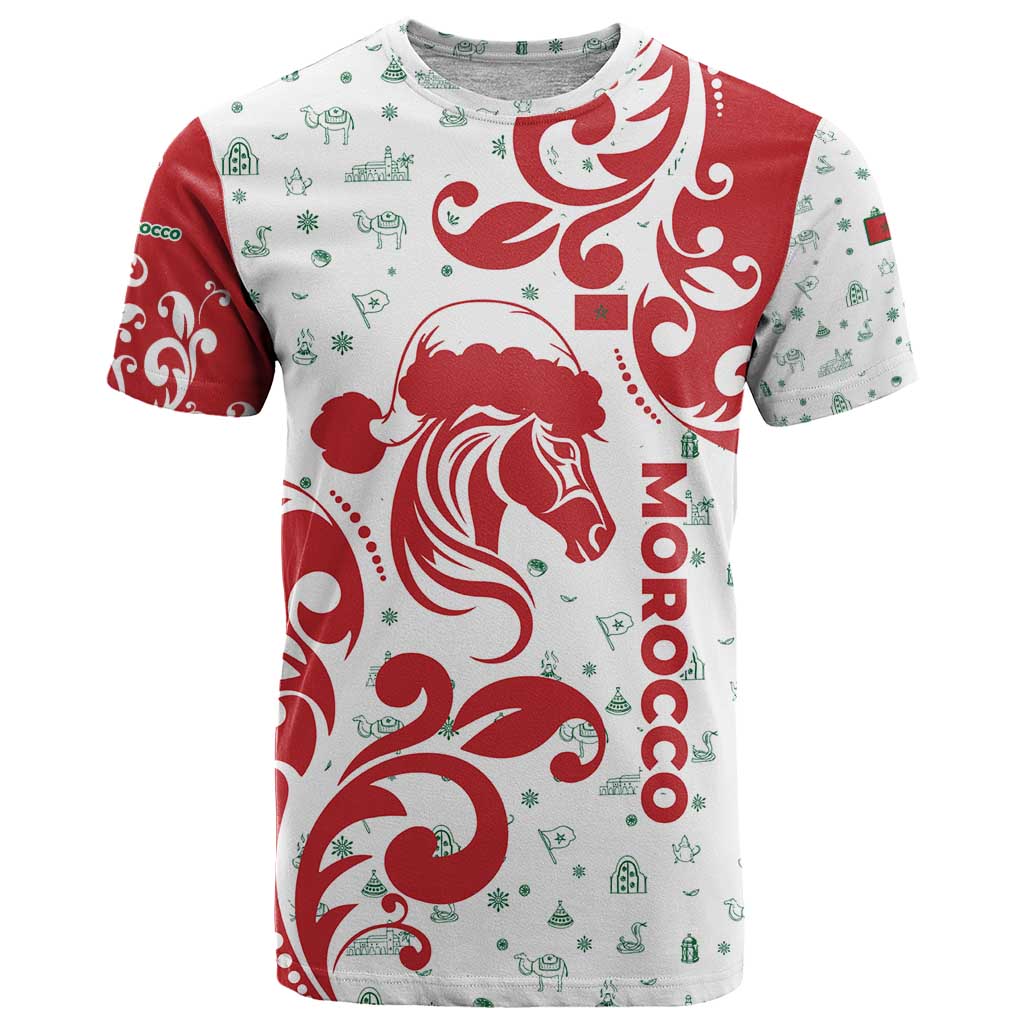 Morocco Christmas T-Shirt with Red Horse Santa Hat Arabesque Pattern and Holiday Icons Design Graphic Tee