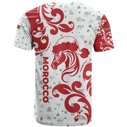 Morocco Christmas T-Shirt with Red Horse Santa Hat Arabesque Pattern and Holiday Icons Design Graphic Tee