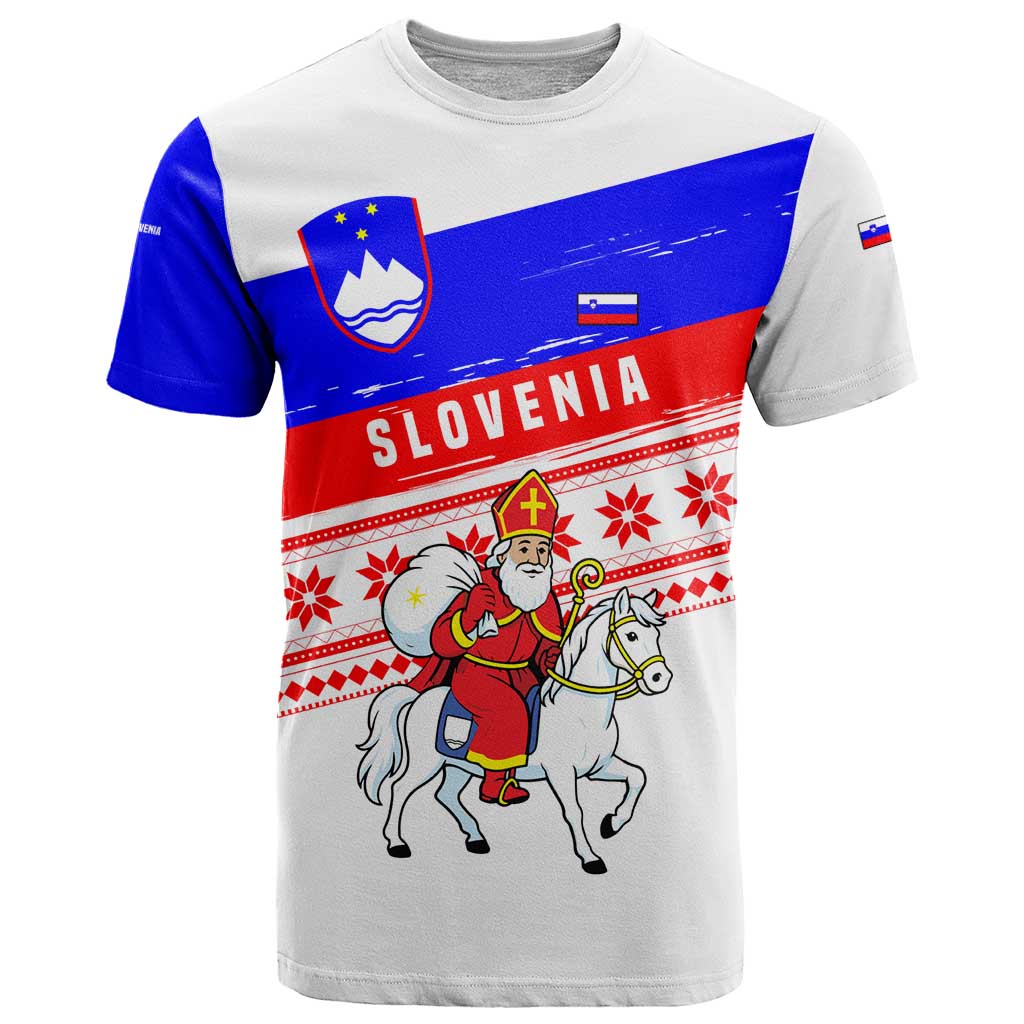 Slovenia Christmas T-Shirt with Saint Nicholas White Horse Snowflake Pattern and National Flag Design Graphic Tee