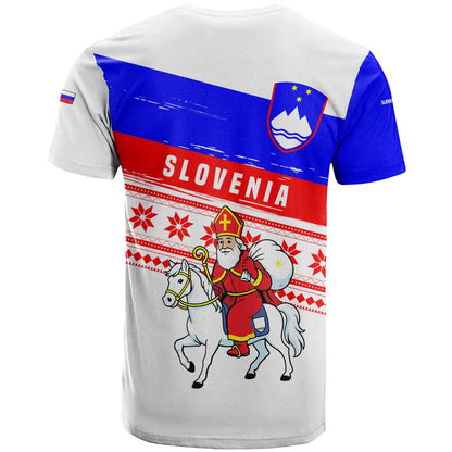 Slovenia Christmas T-Shirt with Saint Nicholas White Horse Snowflake Pattern and National Flag Design Graphic Tee
