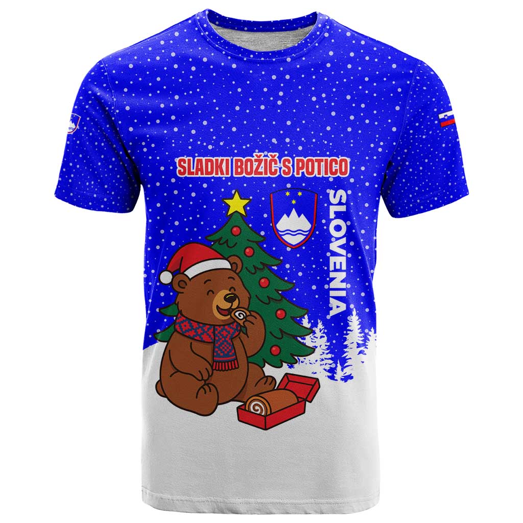 Slovenia Christmas T-Shirt with Bear Potica Cake Snowy Tree and National Emblem Design Graphic Tee