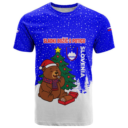 Slovenia Christmas T-Shirt with Bear Potica Cake Snowy Tree and National Emblem Design Graphic Tee