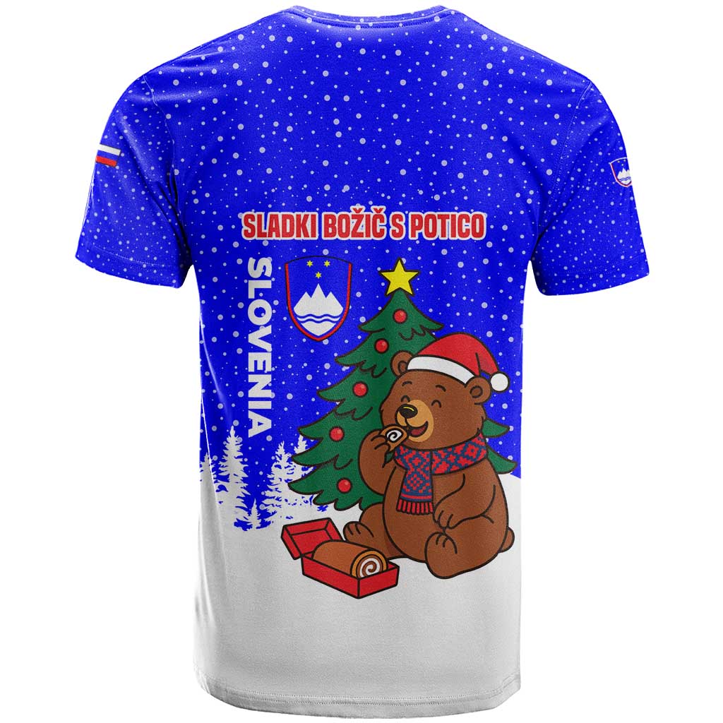 Slovenia Christmas T-Shirt with Bear Potica Cake Snowy Tree and National Emblem Design Graphic Tee