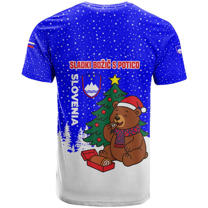 Slovenia Christmas T-Shirt with Bear Potica Cake Snowy Tree and National Emblem Design Graphic Tee