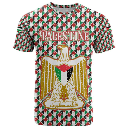 Palestine Christmas T-Shirt with Red-Green Pattern, Golden Eagle Emblem, and Jesus Holding Flag Motif Graphic Tee