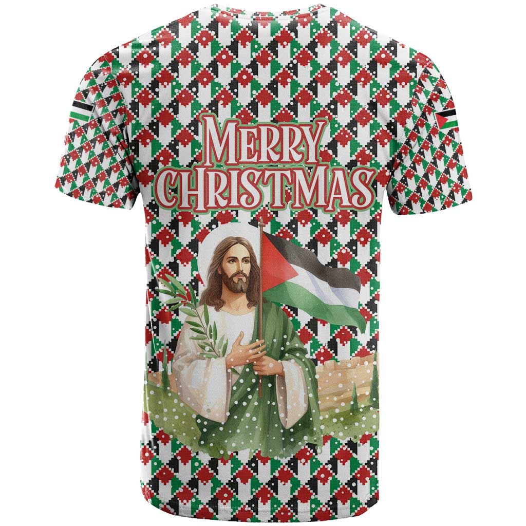 Palestine Christmas T-Shirt with Red-Green Pattern, Golden Eagle Emblem, and Jesus Holding Flag Motif Graphic Tee