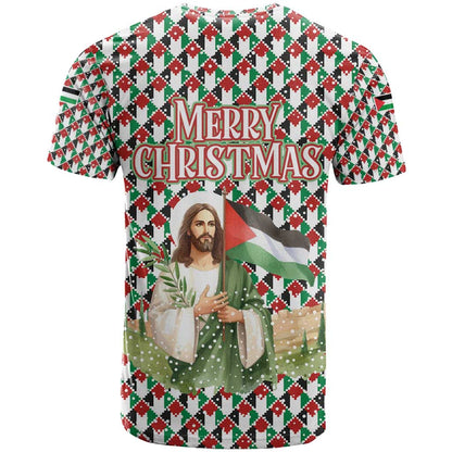 Palestine Christmas T-Shirt with Red-Green Pattern, Golden Eagle Emblem, and Jesus Holding Flag Motif Graphic Tee