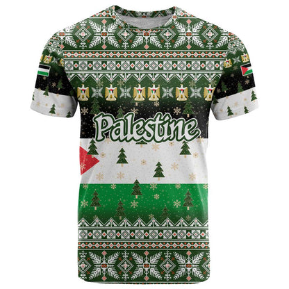 Palestine Christmas T-Shirt with Green-White Theme, Tree Ornaments, and Nativity Scene Motif Graphic Tee