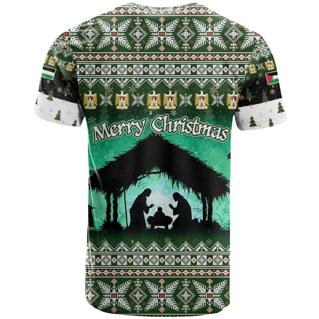 Palestine Christmas T-Shirt with Green-White Theme, Tree Ornaments, and Nativity Scene Motif Graphic Tee