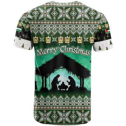 Palestine Christmas T-Shirt with Green-White Theme, Tree Ornaments, and Nativity Scene Motif Graphic Tee