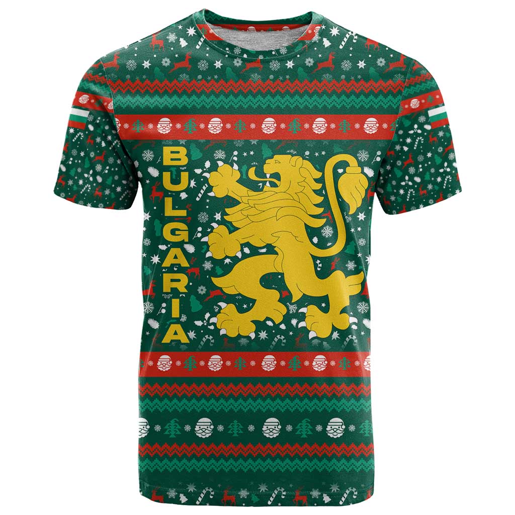 Bulgaria Christmas T-Shirt with Green-Red Theme, Golden Lion, and Santa Sleigh Motif Graphic Tee