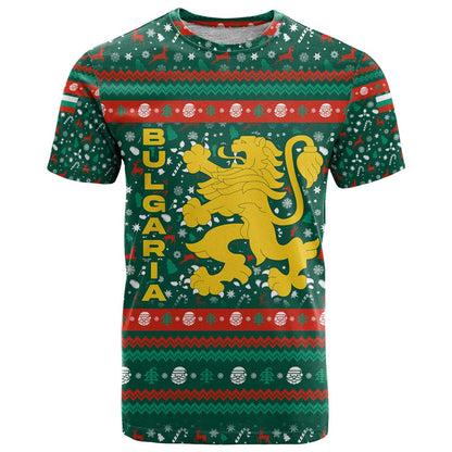 Bulgaria Christmas T-Shirt with Green-Red Theme, Golden Lion, and Santa Sleigh Motif Graphic Tee