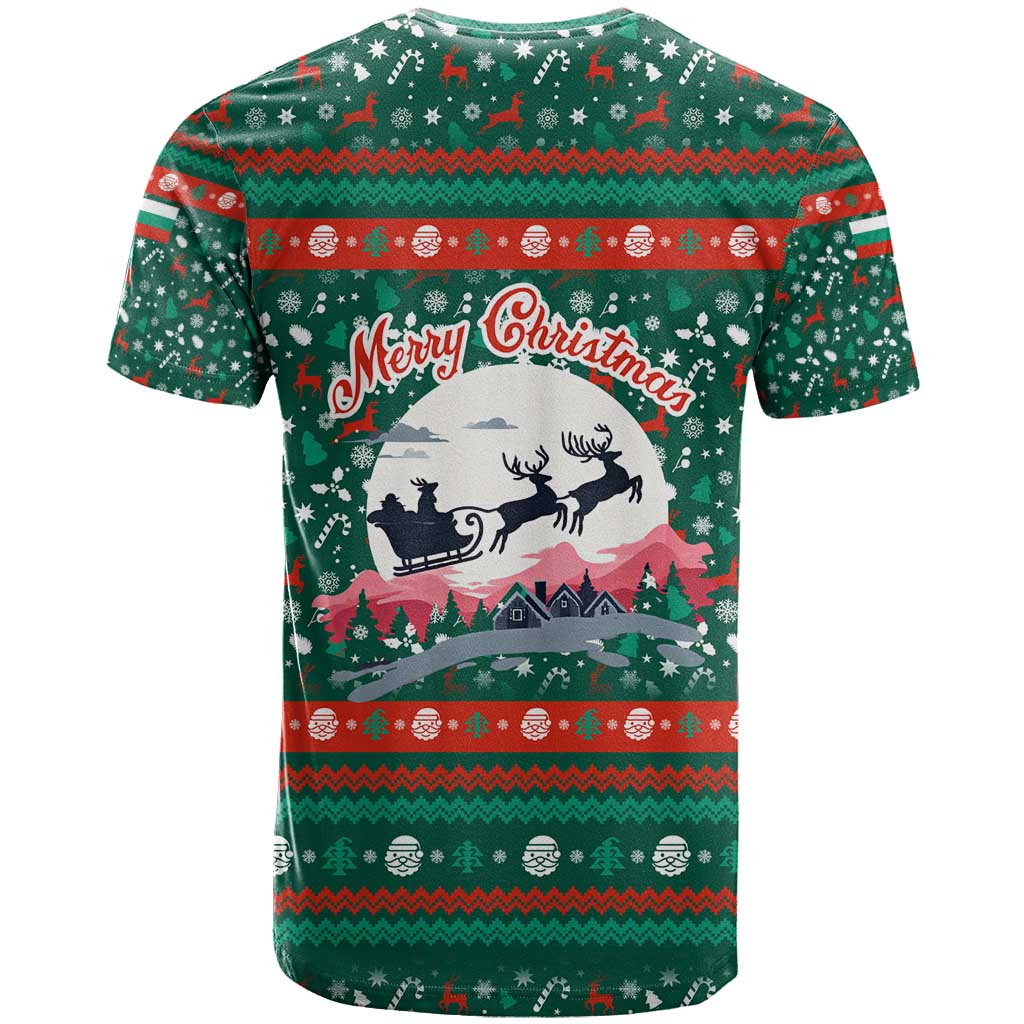 Bulgaria Christmas T-Shirt with Green-Red Theme, Golden Lion, and Santa Sleigh Motif Graphic Tee